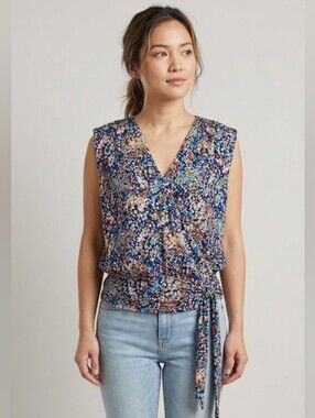 Petite Assembly Navy Blue Sleeveless V-Neck Floral Tie-Waist Blouse Size XS NWT